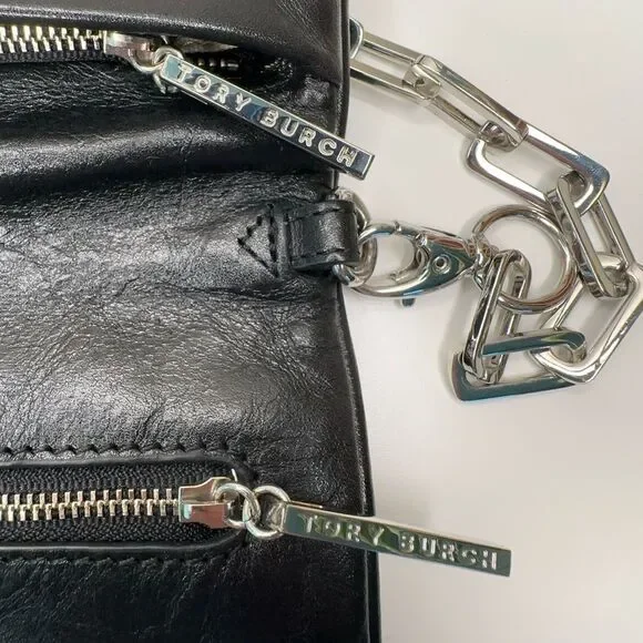 Tory Burch Black Leather Fold-Over Clutch | Removable Chain Strap | Silver Logo - Picture 7 of 12